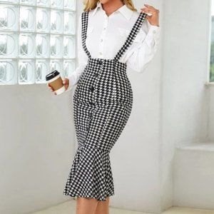 Mermaid Hem Skirt with suspenders Houndstooth Print